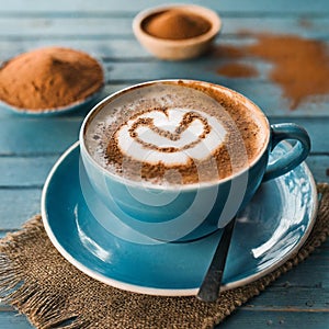 High-angle shot of a blue cup of cappuccino with a heart drawn with cocoa powder on the milk foam on a blue rustic table