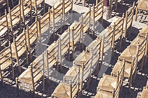 High angle shot of the chairs in Corral de Comedias ancient theater captured in Almagro, Spain photo