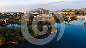 High angle shot of cityscape with high buildings and a bridge near the sea in Chattanooga, Tennessee