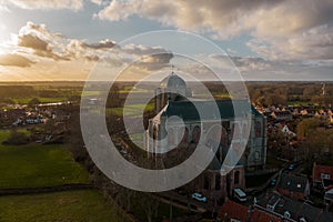 High angle shot of a cityscape with a historical building in Veere, The Netherlands