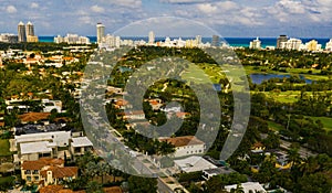 High angle shot of a cityscape with a lot of buildings by the Miami beach