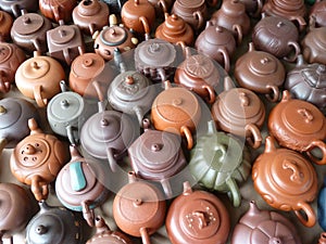 High angle shot of colorful ceramic teahouses photo