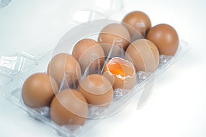 Top view of cracked fresh egg and whole eggs with bright yolk in plastic tray for eggs.