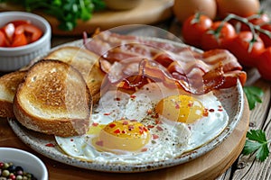 A high angle shot of a delicious breakfast spread featuring sunny-side-up eggs, crispy bacon, and toast