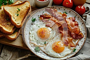 A high angle shot of a delicious breakfast spread featuring sunny-side-up eggs, crispy bacon, and toast