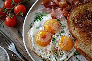 A high angle shot of a delicious breakfast spread featuring sunny-side-up eggs, crispy bacon, and toast