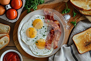 A high angle shot of a delicious breakfast spread featuring sunny-side-up eggs, crispy bacon, and toast