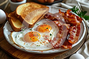 A high angle shot of a delicious breakfast spread featuring sunny-side-up eggs, crispy bacon, and toast