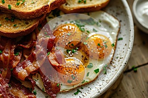 A high angle shot of a delicious breakfast spread featuring sunny-side-up eggs, crispy bacon, and toast