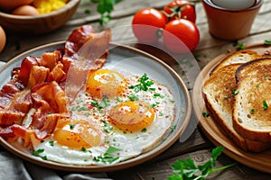 A high angle shot of a delicious breakfast spread featuring sunny-side-up eggs, crispy bacon, and toast