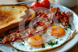 A high angle shot of a delicious breakfast spread featuring sunny-side-up eggs, crispy bacon, and toast