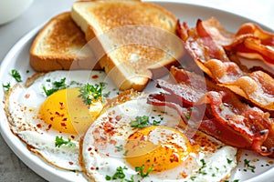 A high angle shot of a delicious breakfast spread featuring sunny-side-up eggs, crispy bacon, and toast