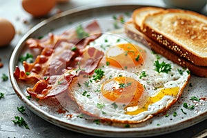 A high angle shot of a delicious breakfast spread featuring sunny-side-up eggs, crispy bacon, and toast