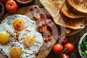 A high angle shot of a delicious breakfast spread featuring sunny-side-up eggs, crispy bacon, and toast