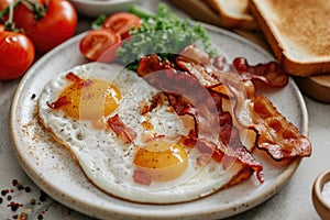 A high angle shot of a delicious breakfast spread featuring sunny-side-up eggs, crispy bacon, and toast