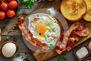 A high angle shot of a delicious breakfast spread featuring sunny-side-up eggs, crispy bacon, and toast