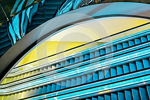 High-angle shot of empty modern illuminated escalators in Genting Highlands, Malaysia