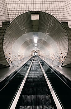 High angle shot of the escalator in the train station in New York City, United States