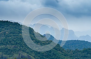 High angle shot of the forest of Western Ghats, Kanyakumari district, India covered with fog