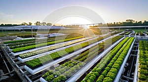 A high-angle shot of a greenhouse with a hydroponic system. The photo captures the vibrant greenery of various crops, including le