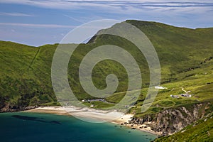 High angle shot of the hills and turquoise sea of the Achill Island of County Mayo in Ireland