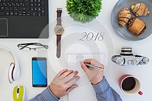 High angle shot of items on a table at an office workstation