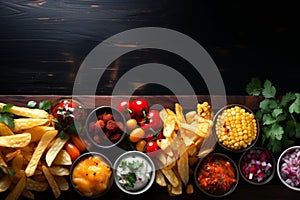 High angle shot of mexican food mix copyspace frame on colorful background in mexico