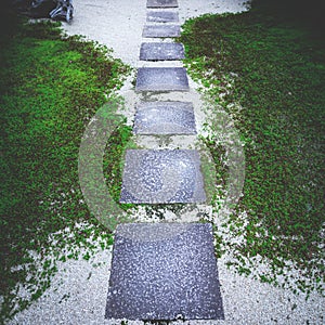 High angle shot of a mossy path in a temple in Japan
