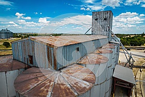 High-angle shot of the old rusty grain elevators. Texas, USA.