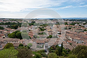 High angle shot of an old town from Carcassonne medieval citadel in the south of France