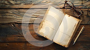 High-angle shot of an open notebook, pen, and reading glasses on an antique wooden desk