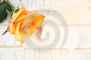 High angle shot of an orange rose and a blank white label on a wooden surface