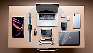 High-Angle Shot of Premium Tech Gadgets Displayed on a Table Surface