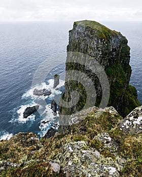 High angle shot of Risin og Kellingin from the peak of Eioiskollur in the Faroe Islands