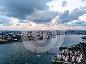 High angle shot of the river by the city under the cloudy sky captured in Mombasa, Kenya