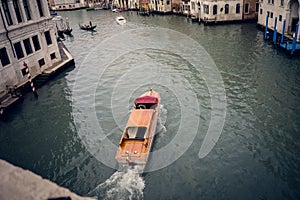 High angle shot of a sailing boat in the Grand Canal Venice, Italy