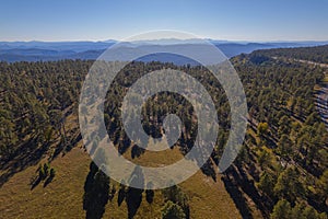 High angle shot of a Sitgreaves National Forest in front of high mountains and the Mgollon Rim