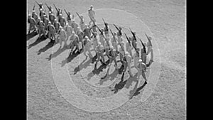 High angle shot of soldiers marching at Army base