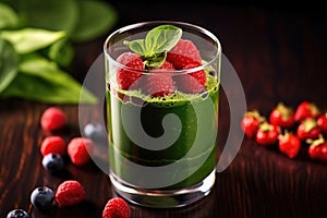 high angle shot of a spinach and berry concoction in a glass