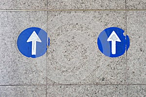 High angle shot of two road signs with the forward direction on the ground