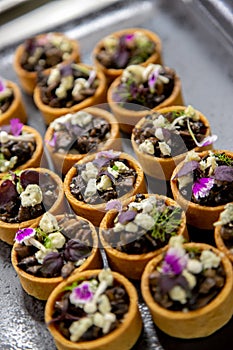 High angle shot of veggie starters being prepared for a buffett