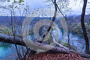 High angle shot of a wooden pathway in Plitvice Lakes National Park in Croatia