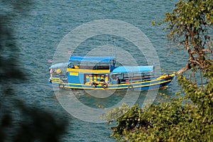 High angle shots of different ships It is docked at a Floating Piers on the beach on an island