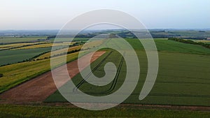 High-angle video panning down over crop fields in the countryside