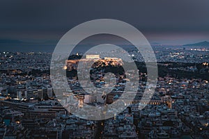 High angle view of Acropolis and Athens city in Greece at night from the Lycabettus Hill