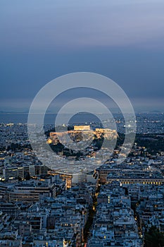 High angle view of Acropolis and Athens city in Greece at night from the Lycabettus Hill