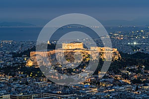 High angle view of Acropolis and Athens city in Greece at night from the Lycabettus Hill