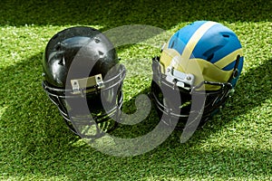 high angle view of american football safety helmets