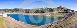 High angle view of Anderson Reservoir, a man made lake in Morgan Hill, managed by the Santa Clara Valley Water District,