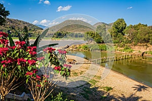 High angle view of Bamboo Bridge across Mekong river, country site, Luang Prabang, Laos